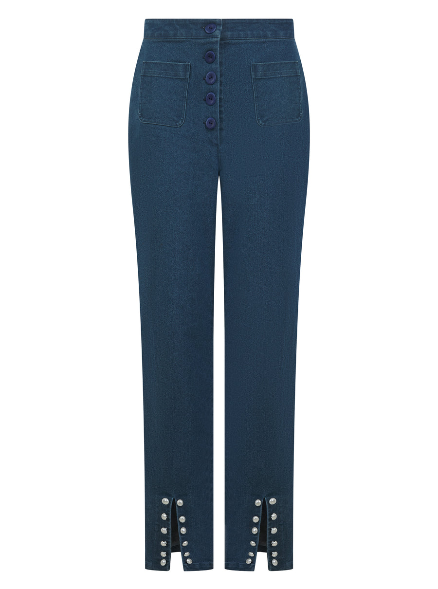 High-Waisted Button-Front Denim Jeans with Slit and Pearl Detailing